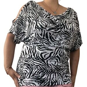 Rhapsody Zebra Print Cold Shoulder Cowl Neck Top Blouse Size 1X black white